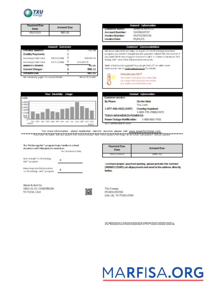 Blank Texas TXU Energy utility business bill SCR template